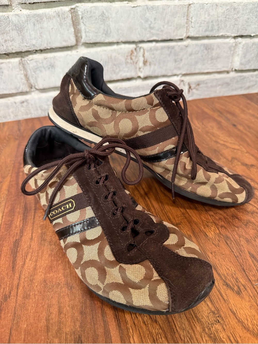 Coach Brown and Tan Signature Logo Lace-Up Sneakers